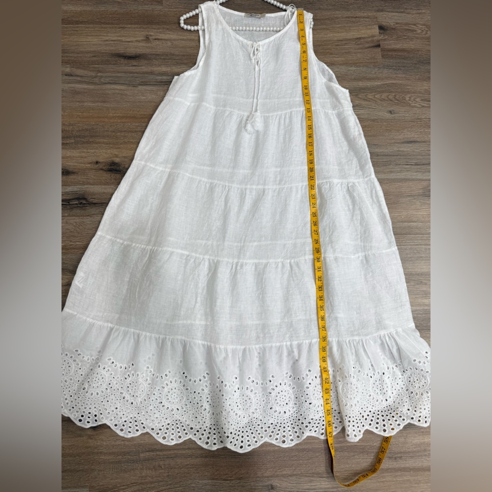 Valentina Naldi White Linen Dress L Made in Italy Boho Tiered Eyelet Midi - Picture 9 of 11